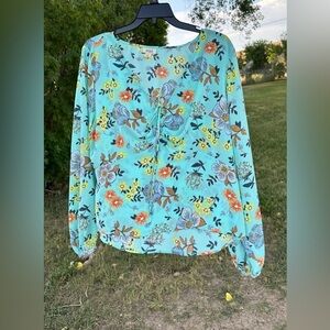 Ana Sheer Floral Summer Blouse V Neck W/ Bow Womens XL Blue Long Sleeves